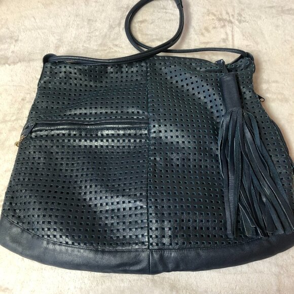Brio Navy Perforated Leather Large Shoulder Bag - Picture 3 of 16